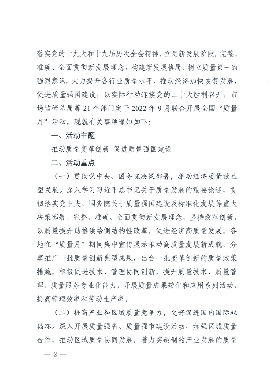 市場(chǎng)監(jiān)管總局等21個(gè)部委（部門）發(fā)文部署開展2022年全國&ldquo;質(zhì)量月&rdquo;活動(dòng)（國市監(jiān)質(zhì)發(fā)〔2022〕76號(hào)）